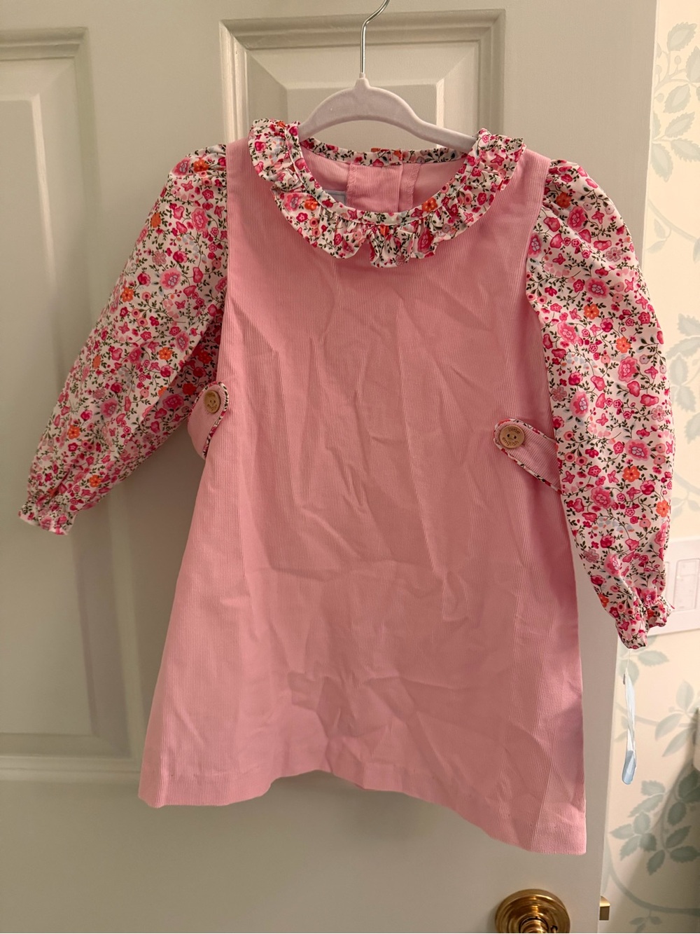 Little English Pink Corduroy Pinafore with Floral Long Sleeves